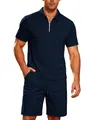 Marineblauw herenensemble van getextureerde jacquard polo met rits en bijpassende short - S / Boven- En Onderstuk / Marineblauw