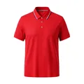 Classic men's short-sleeved polo shirt in vibrant red with striped ribbed collar. - Red