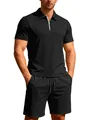 Zwarte casual sportset voor heren met polo met rits en korte broek in jacquard stof - S / Boven- En Onderstuk / Zwart