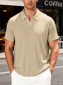 Men's casual striped knit polo shirt with towel jacquard texture in light beige - Khaki