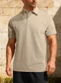 Close-up of a men's beige polo shirt showing the intricate diamond jacquard texture on model - S / Tops / Khaki