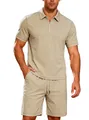 Heren vrijetijdsset in beige met polo van jacquardstof en bijpassende korte broek - S / Boven- En Onderstuk / Khaki