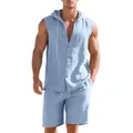 Herren Hellblau Ärmelloses Leinen-Kapuzenshirt und Shorts Sommer Zweiteiler-Set. - S / Oberteil Und Unterteil / Hellblau