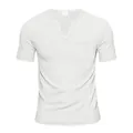 Men's casual white slub texture T-shirt with V-neck and chest pocket detail - S / White