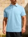 Detailed view of a light blue jacquard knit polo shirt with intricate fabric texture. - Light Blue