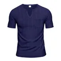 Navy blue men's quick-dry V-neck T-shirt with slub texture and chest pocket - S / Navy Blue