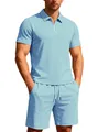 Casual herenset van lichtblauwe jacquard badstof met poloshirt en een korte broek - Lichtblauw