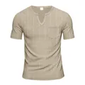 Men's khaki V-neck t-shirt with textured imitation linen fabric and chest pocket. - S / Khaki