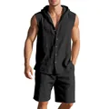 Men's black linen hooded sleeveless shirt and shorts set, loose breathable summer sports suit. - S / Top And Bottom / Black