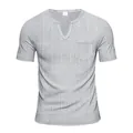 Men's grey linen-textured short sleeve V-neck T-shirt with chest pocket detail - Marl Grey