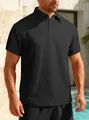 Detailed macro view of black textured jacquard fabric on a men's casual polo shirt - S / Tops / Black