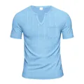 Men's light blue V-neck short sleeve T-shirt with textured slub fabric and pocket - Light Blue