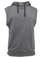 Detailed view of grey sleeveless hoodie vest with adjustable drawstrings and textured fabric - Gray