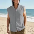 Men's casual sleeveless hooded linen vest in grey, relaxed summer beach style - S / Tops / Gray