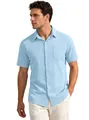 Men's summer short sleeve casual shirt in light blue textured fabric with chest pocket - S / Tops / Blue