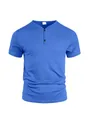 Detailed view of a men's blue V-neck Henley shirt with two buttons and ribbed collar - Sapphire Blue