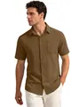 Men's casual brown short sleeve textured button-down shirt with front chest pocket - Brown
