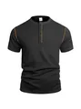 Close-up of men's dark gray waffle knit Henley shirt with brown contrast stitching - S / Tops / Black