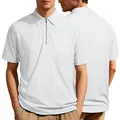 Front and back detail of white textured men's short sleeve polo shirt with zipper - S / Tops / White
