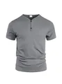 Detail view of men's grey Henley V-neck short sleeve sport T-shirt with two buttons - Gray