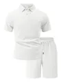 Detail view showing textured geometric pattern of white knit polo shirt and shorts set - S / Top And Bottom / White