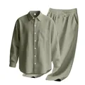 Men's olive green linen two-piece casual set with button-up shirt and long pants - S / Top And Bottom / Army Green