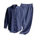 Men's navy blue linen casual two-piece set with long-sleeved shirt and trousers - S / Top And Bottom / Navy Blue