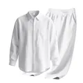 White men's cotton-linen long sleeve casual set with button-down shirt and trousers - S / Top And Bottom / White