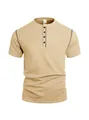 Detailed macro shot of khaki pineapple grid texture on men's retro Henley shirt - Khaki