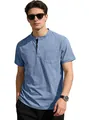 Casual men's blue short sleeve Henley neck shirt featuring a front pocket and buttons - Light Blue