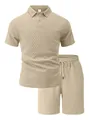 Detail view of men's beige polo shirt and shorts set with textured jacquard pattern. - S / Top And Bottom / Khaki