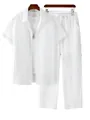 Detailed view of men's casual white pleated two-piece set with shirt and trousers - S / Top And Bottom / White