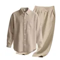 Men's khaki linen casual two-piece set featuring long sleeve button shirt and pants - S / Top And Bottom / Khaki