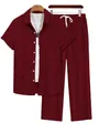 Close-up of burgundy men's ribbed short sleeve shirt and matching long pants set - S / Top And Bottom / Red