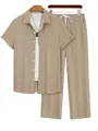 Khaki men's casual short sleeve shirt and long pants set with vertical ribbed texture - S / Top And Bottom / Khaki