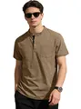Professional men's breathable short sleeve Henley shirt in khaki brown with a chest pocket - Heather Camel