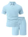 Light blue men's textured jacquard polo shirt and matching drawstring shorts sports set - Light Blue