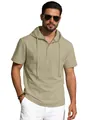 Casual men's khaki cotton linen short sleeve hooded t-shirt with classic Henley buttons - S / Tops / Khaki