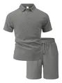Grey men's casual two-piece set with textured jacquard polo shirt and drawstring shorts - Marl Grey