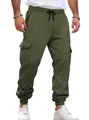 Detailed view of olive green men's cargo joggers with drawstring waist and pockets - S / Bottoms / Army Green