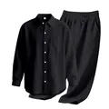 Komfortables Herren-Set aus schwarzem Leinen mit Langarmhemd und langer Hose - Schwarz