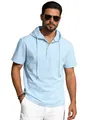 Men's casual light blue cotton linen hooded short sleeve henley t-shirt for summer - S / Tops / Light Blue