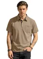 Men's casual khaki short sleeve polo shirt with lapel pocket and textured fabric - Heather Camel