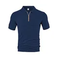 Polo de hombre azul marino de manga corta con cremallera y textura de tejido jacquard - S / Tops / Azul marino