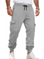 Detailed view of grey men's fleece cargo joggers with multi-pockets and drawstring - S / Bottoms / Gray