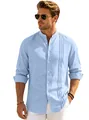 Casual men's light blue stand collar long sleeve linen shirt with elegant pleated details - S / Tops / Light Blue