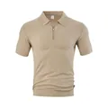 Casual men's short sleeve polo shirt with zipper in khaki jacquard texture fabric - Khaki