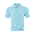 Sky blue men's quarter zip polo shirt with textured jacquard fabric pattern - Light Blue