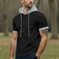 Men's casual black hooded short sleeve button shirt with grey contrast trim - Black