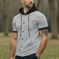 Detail view of men's grey hooded short sleeve shirt with waffle texture and buttons - S / Tops / Gray